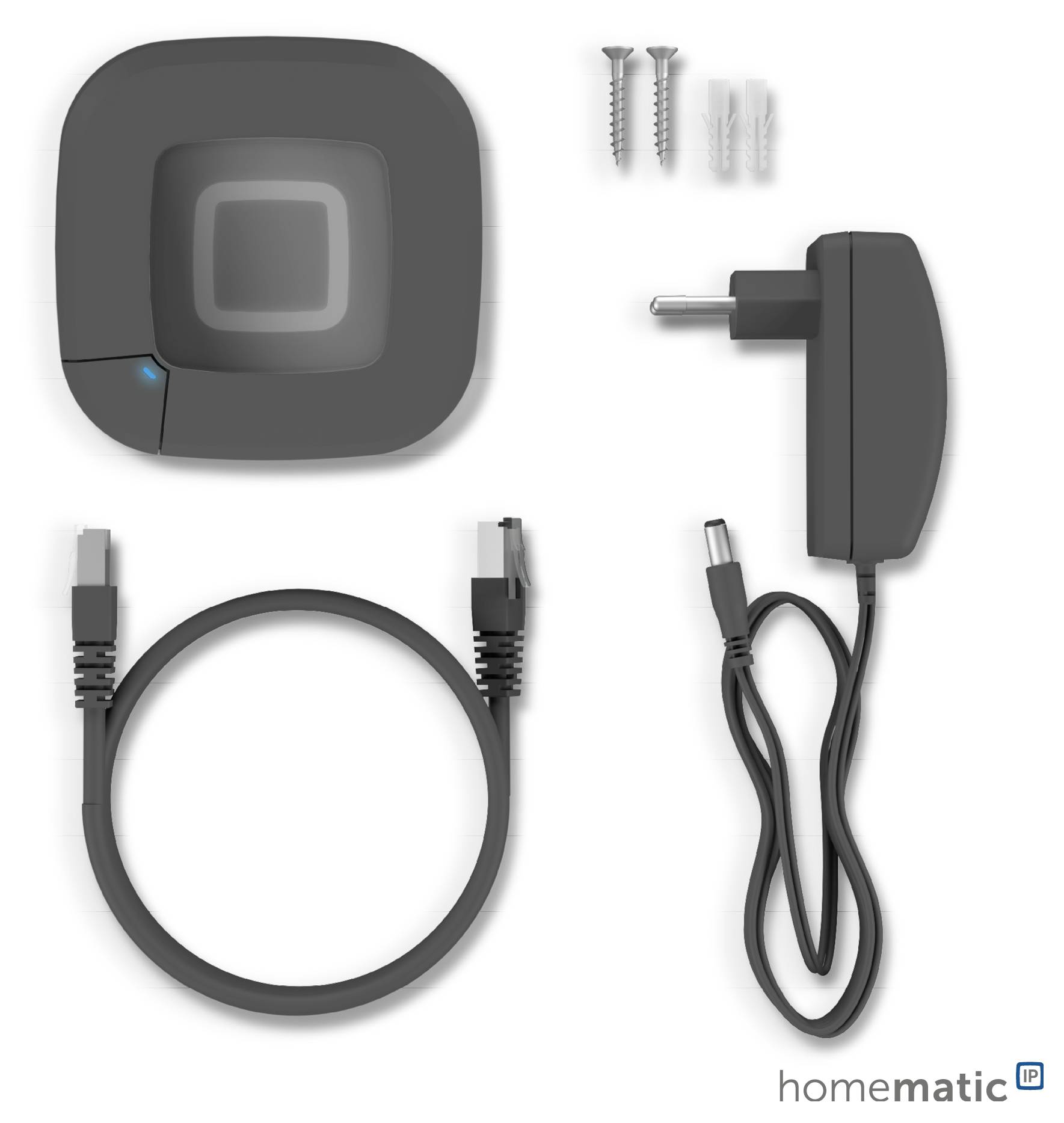 «Hub domotique intelligent avec adaptateur secteur, câble USB et accessoires de montage.»