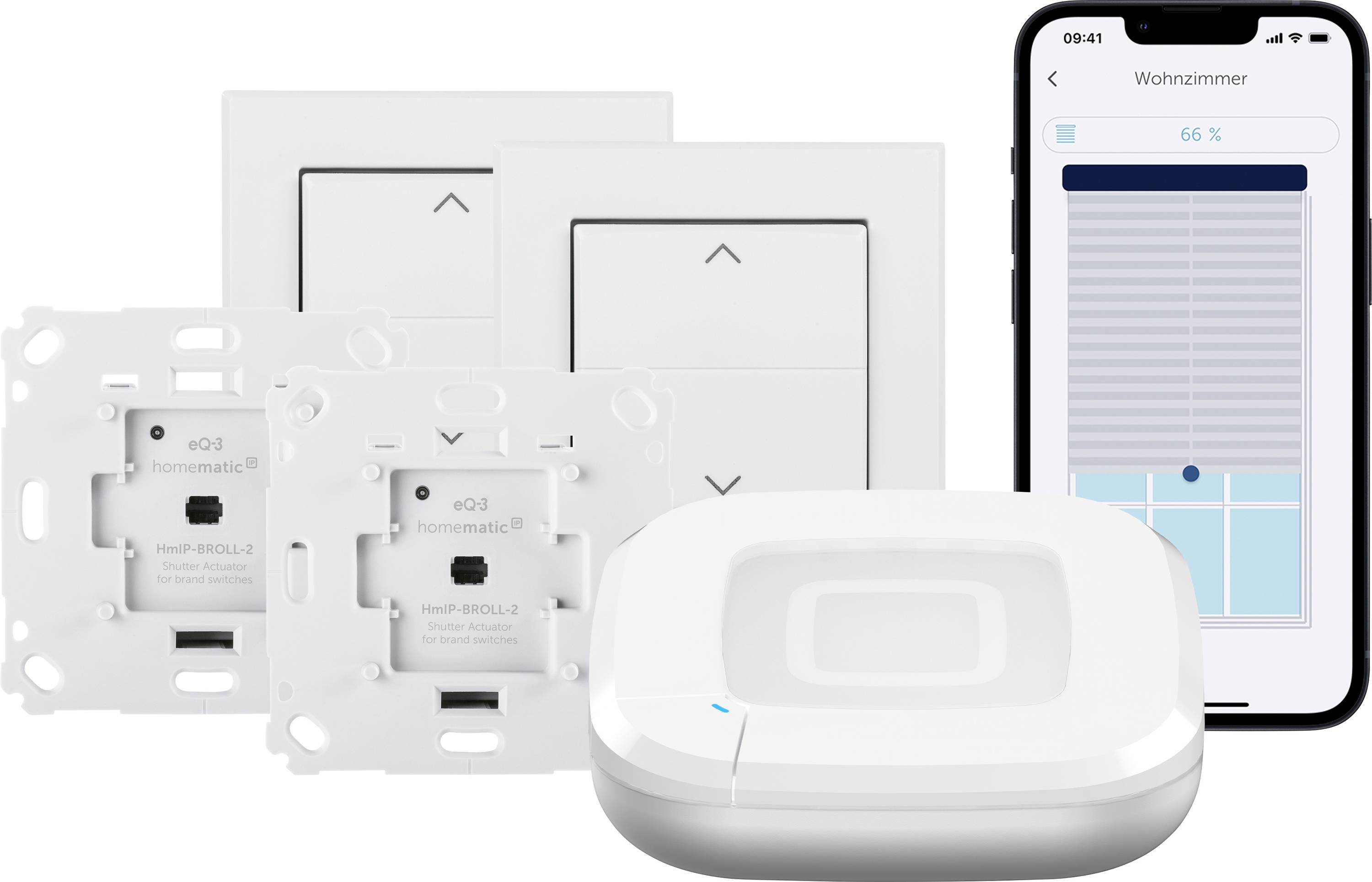 Système domotique avec interrupteurs muraux, un hub de commande et un écran de smartphone affichant des stores à 66 % pour le contrôle de l'automatisation de la maison.