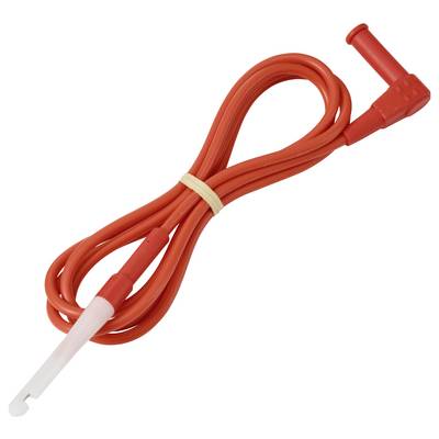Un câble d'allumage rouge enroulé avec un manchon en caoutchouc et une fiche en plastique.