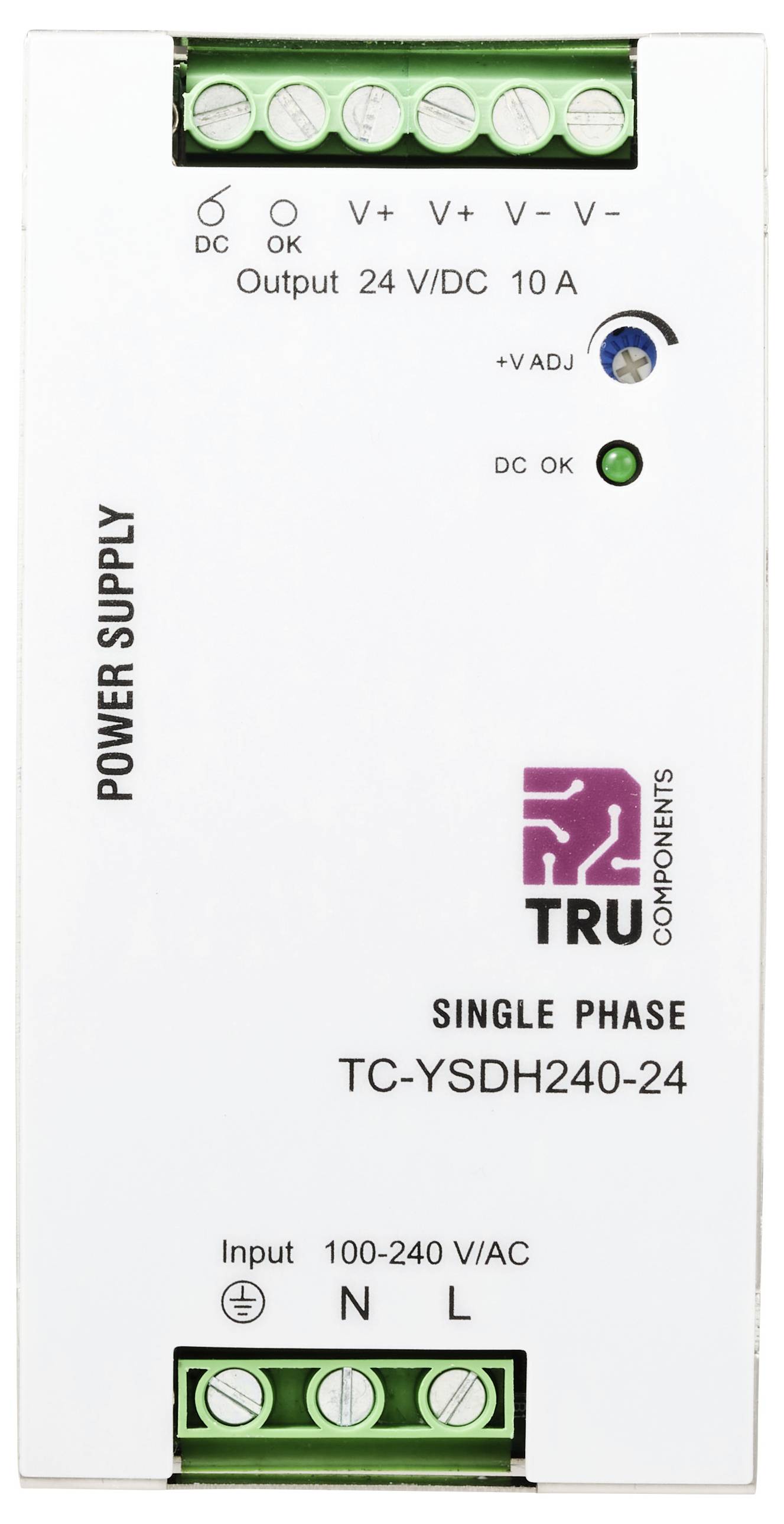 Une unité d'alimentation électrique monophasée TRU Components blanche avec entrée étiquetée (100-240 V/AC) et sortie (24 V/DC, 10 A), adaptée aux systèmes électriques.