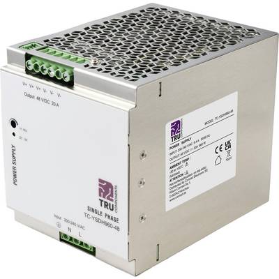 Bloc d'alimentation monophasé en métal avec sommet ventilé, blocs de bornes verts et étiquette TRU Components sur le côté.