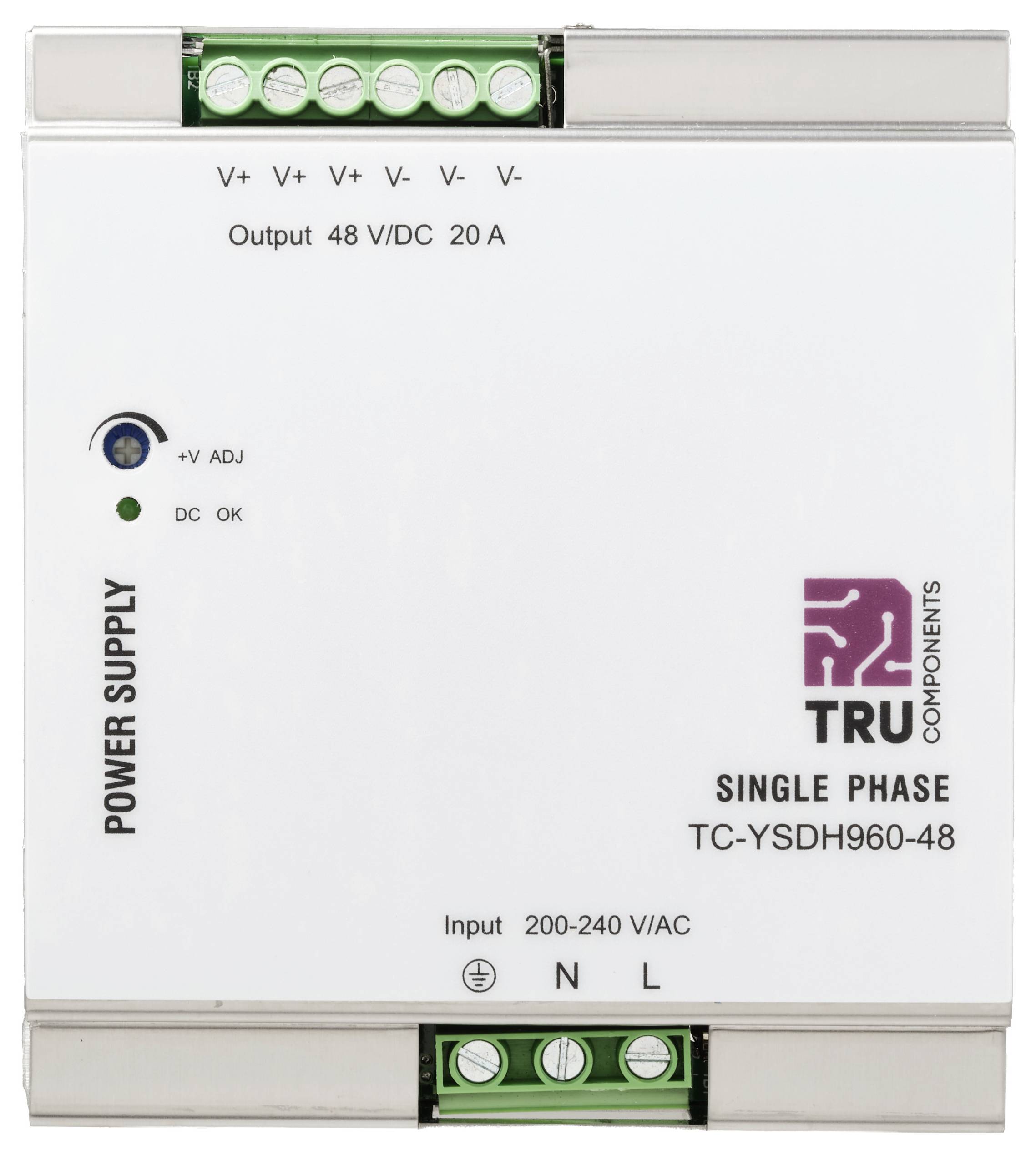 Une unité d'alimentation électrique monophasée portant la marque « TRU Components » avec une sortie de 48 V/CC, 20 A, et une plage d'entrée de 200-240 V/CA.
