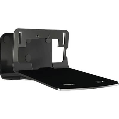 Un support de fixation murale noir conçu pour maintenir un appareil, présentant une base plate avec des sections découpées et des trous de montage pour l'installation.