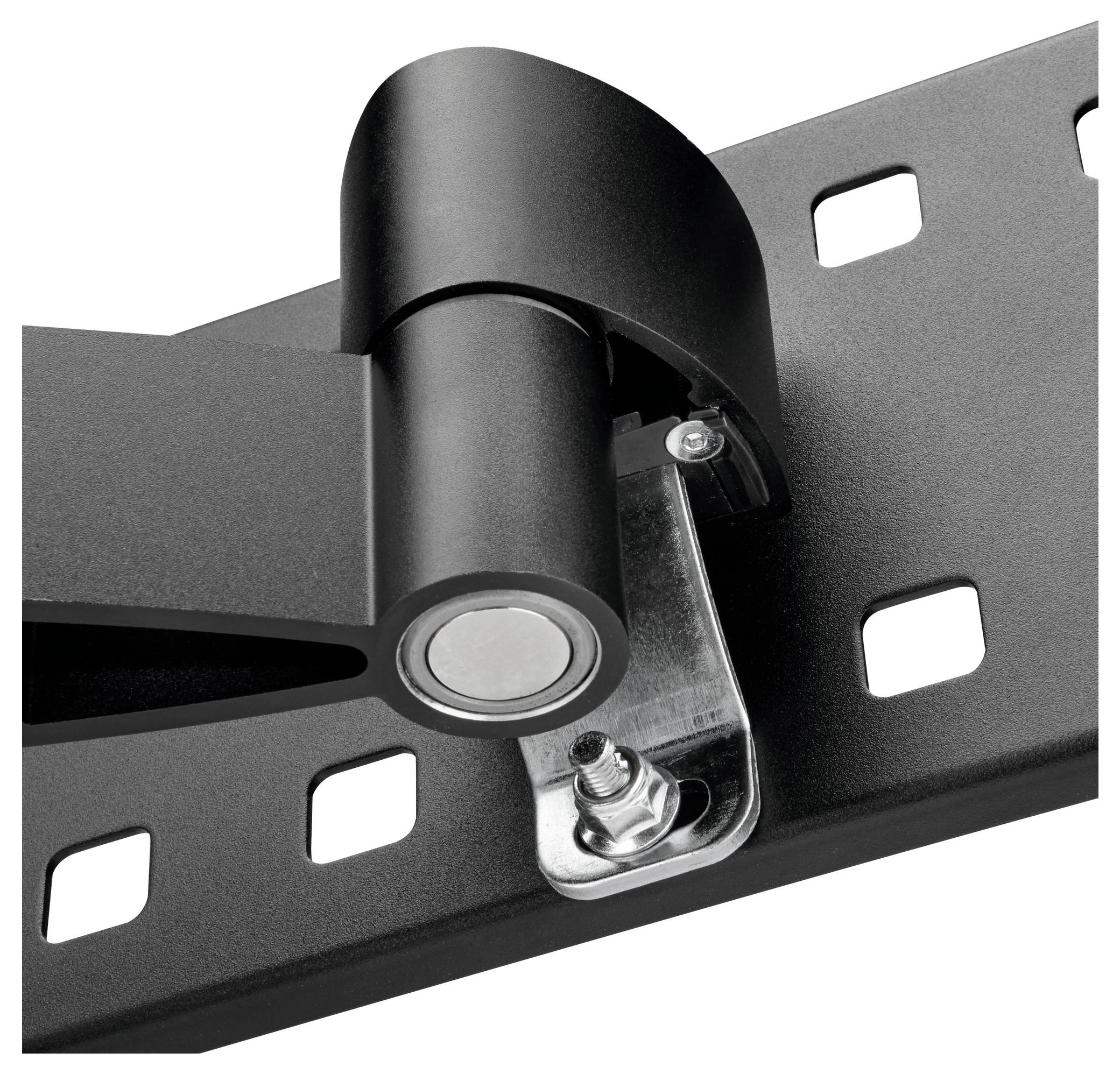 Un gros plan d'un mécanisme de charnière réglable noir fixé à une surface métallique perforée, montrant les vis et l'alignement pour l'installation.