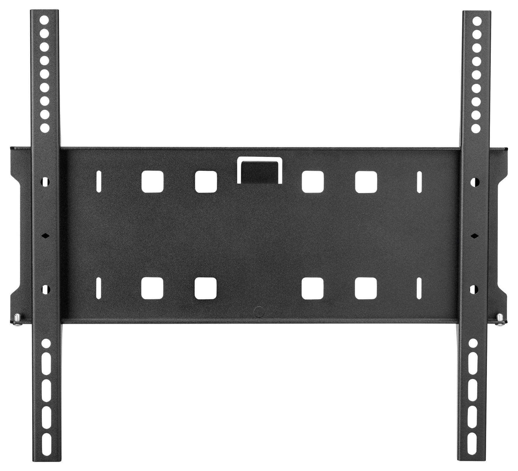 Un support mural en noir mat pour téléviseur, doté de plusieurs trous de vis permettant une installation ajustable, conçu pour maintenir solidement un écran de télévision.