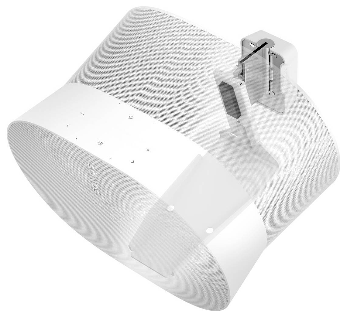 Un haut-parleur sans fil blanc avec des commandes tactiles sur sa surface, révélant des composants internes comme le haut-parleur, le tout encastré dans un design élégant.