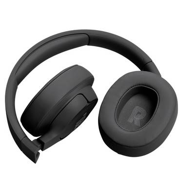 Casque audio noir avec coussinets d'oreille rembourrés, posé sur une surface blanche, montrant le pavillon droit étiqueté « R ».