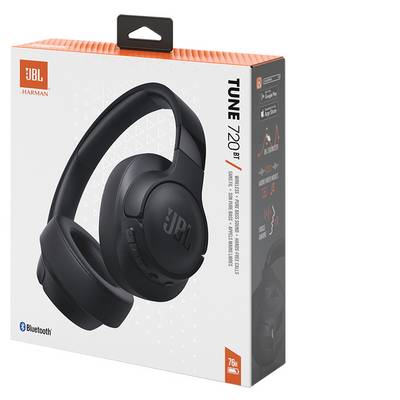 Boîte d'écouteurs Bluetooth JBL Tune 720 BT, présentant la connectivité Bluetooth, illustrée avec une image du produit et des caractéristiques techniques comme une autonomie de batterie de 76 heures.