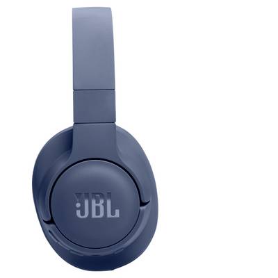 Casque JBL supra-auriculaire bleu orienté vers la gauche, mettant en évidence le logo de la marque de manière proéminente sur le pavillon de l'écouteur.