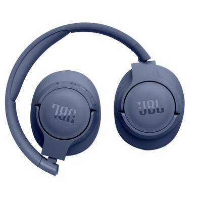 Écouteurs sans fil bleus JBL montrant les coussins d'oreille avec le logo, pliés à plat pour le rangement, mettant en valeur un design élégant et compact.