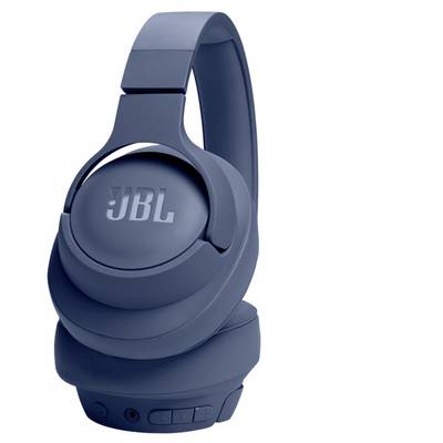 Une paire d'écouteurs supra-auriculaires bleus JBL avec un bandeau rembourré et des boutons de commande visibles sur la coupelle droite.