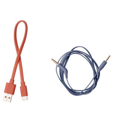 Câble USB rouge et câble audio bleu enroulé avec fiches jack 3,5 mm sur un fond blanc.