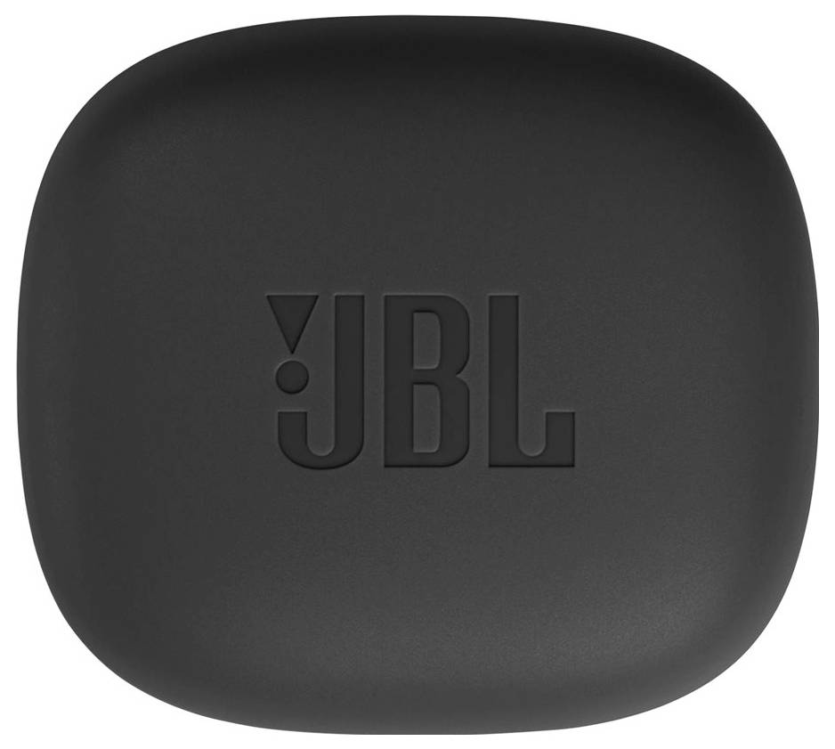 Logo « JBL » gravé en relief sur un étui noir de forme carrée.