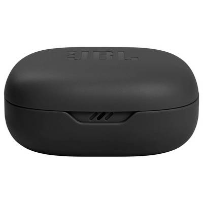 Un étui de chargement pour écouteurs JBL noir avec le logo JBL sur le dessus, présenté fermé, vue de face.