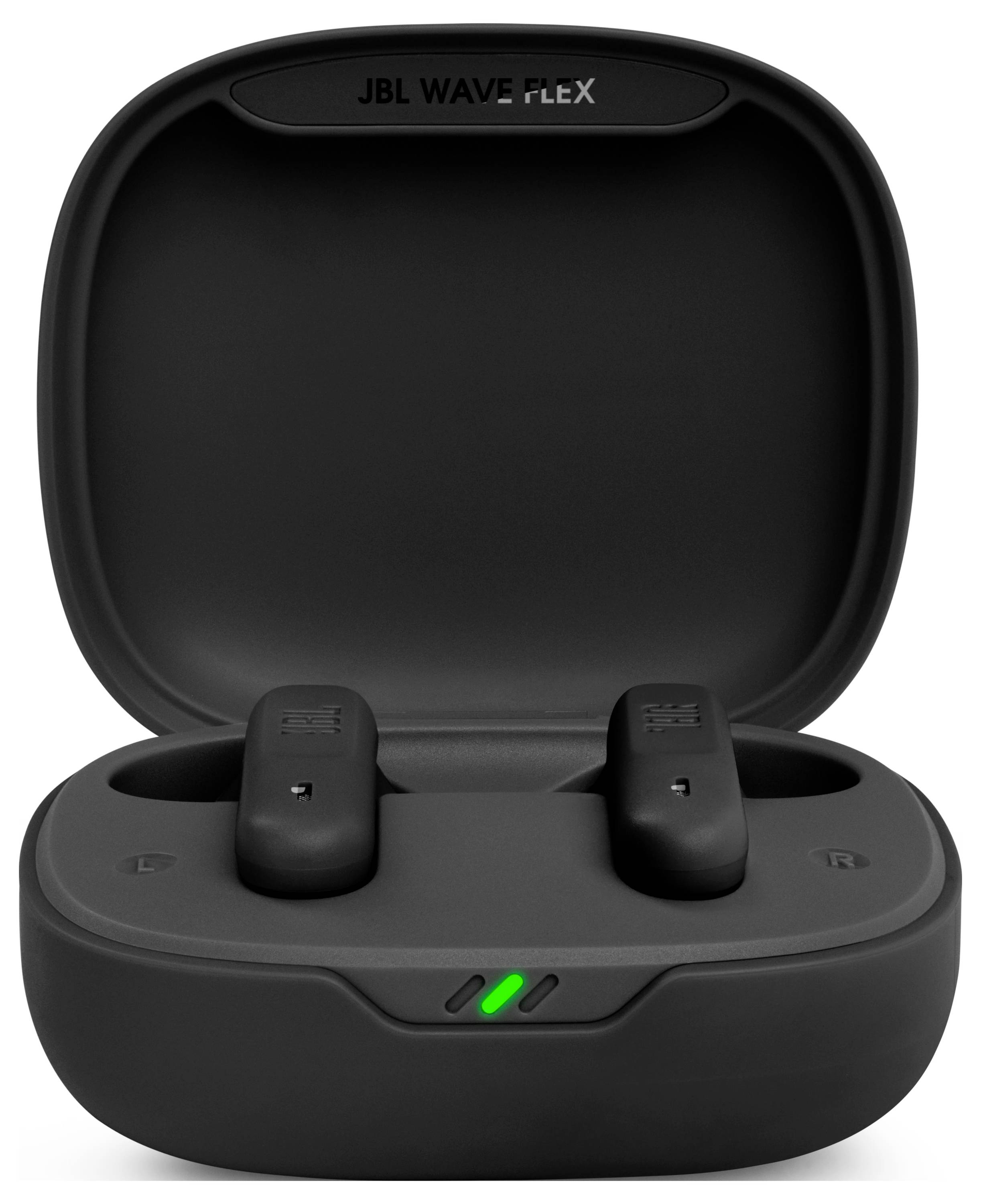 Étui de charge noir ouvert présentant deux écouteurs sans fil noirs avec un voyant vert indiquant qu'ils sont prêts à être utilisés.