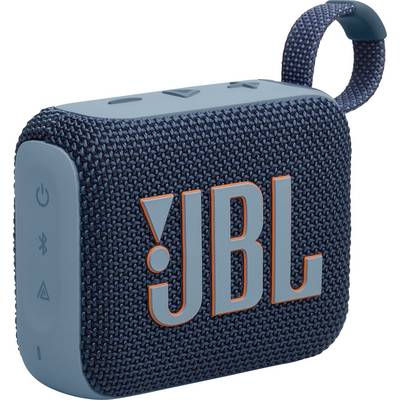 Un haut-parleur portable compact bleu avec une texture tissée et le logo 'JBL' en orange audacieux, doté d'une boucle pour un transport facile.