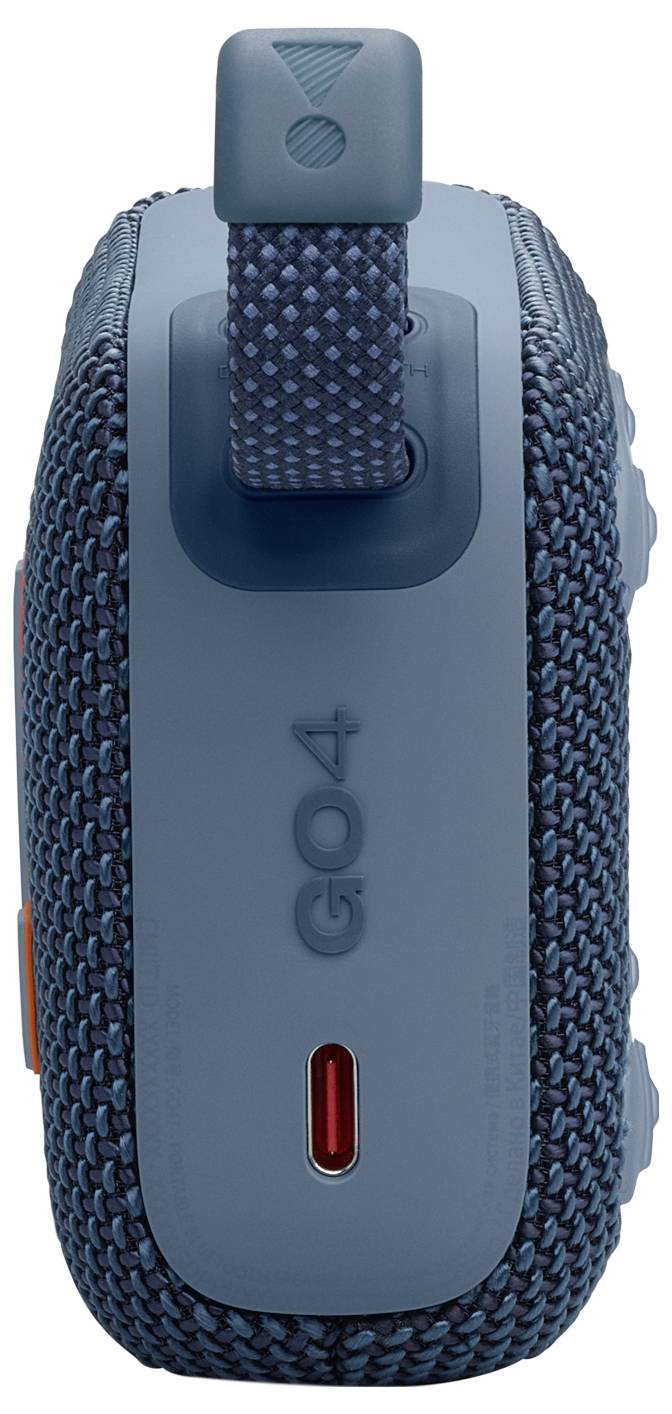 Un haut-parleur portable compact de couleur bleue, doté de bords en tissu texturé, avec des boutons de contrôle sur le côté et une lanière intégrée pour un transport facile.
