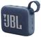 Un haut-parleur portable bleu avec le logo 'JBL', extérieur en tissu et une boucle de transport. Design compact, adapté aux voyages ou à une utilisation en extérieur.