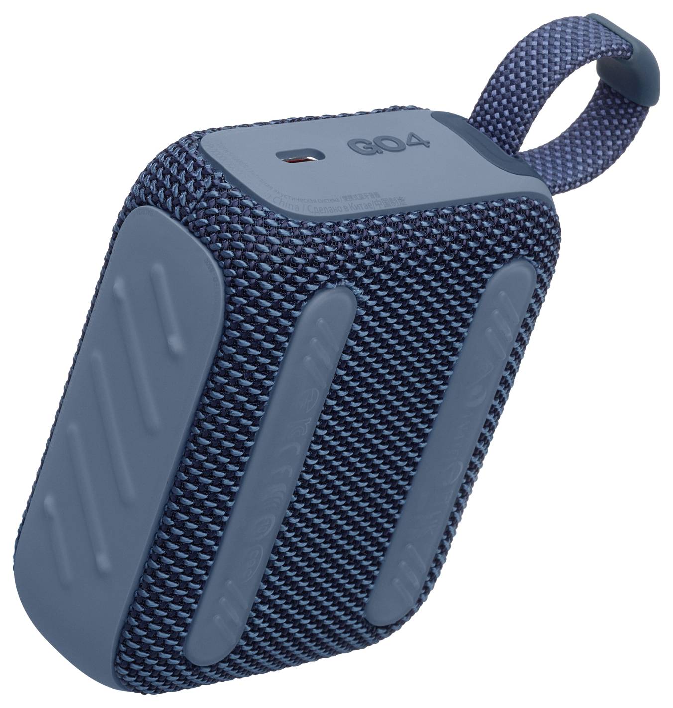 Un haut-parleur bleu compact et portable, doté d'une texture tissée et d'une sangle bouclée, conçu pour un transport facile et une utilisation en extérieur.