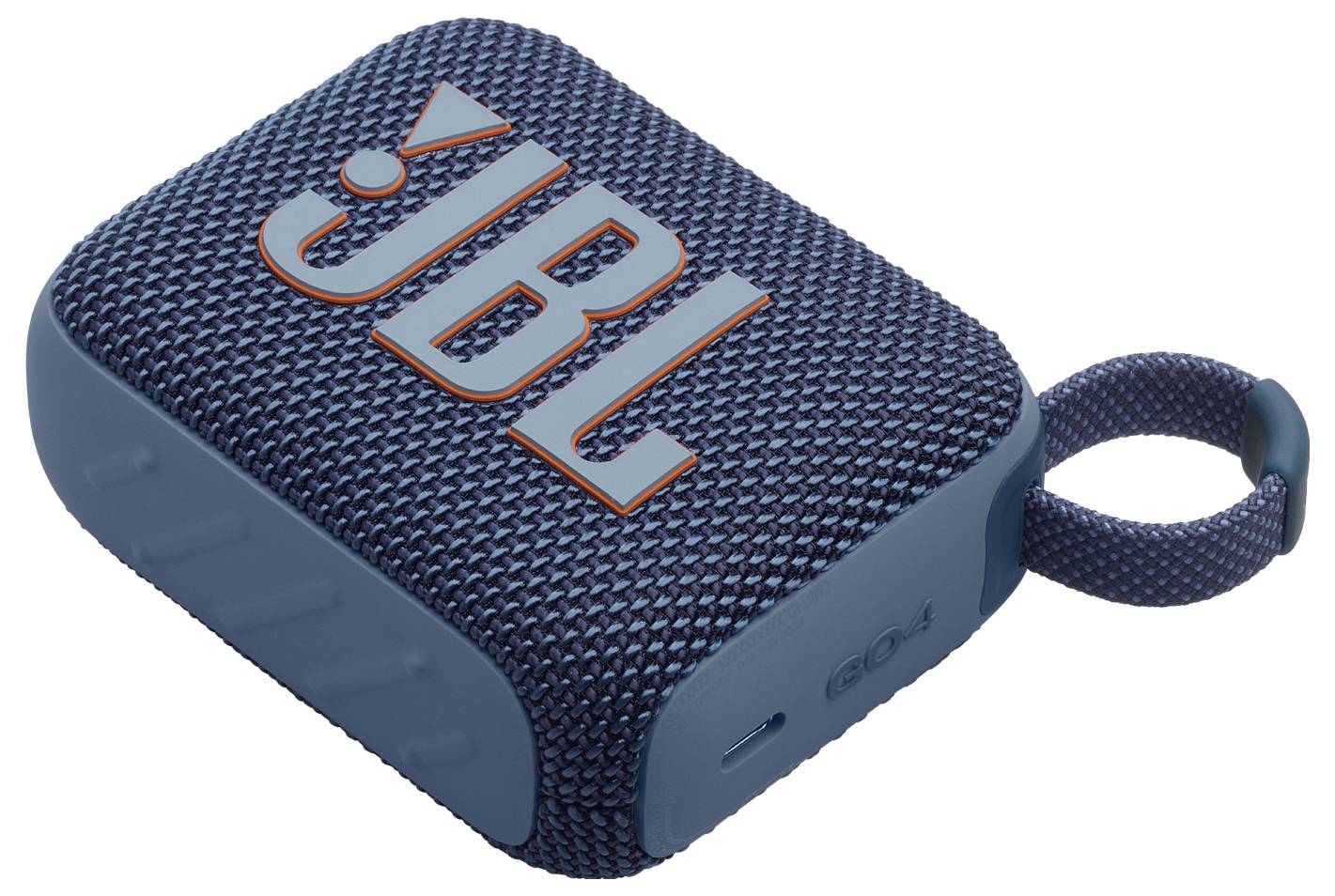 Un haut-parleur portable compact bleu avec le logo 'JBL' sur le dessus et une poignée en boucle, conçu pour une utilisation mobile.