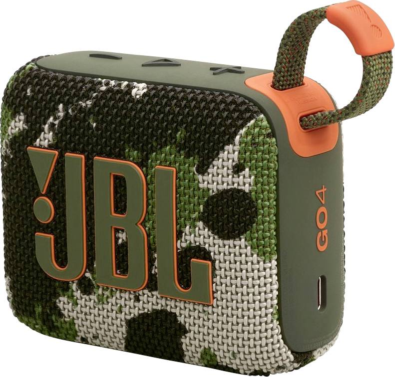 Enceinte portable JBL avec tissu de camouflage et accents orange, équipée d'une poignée et de la marque 'GO4' sur le côté.