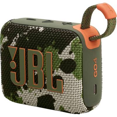 Enceinte portable JBL avec tissu de camouflage et accents orange, équipée d'une poignée et de la marque 'GO4' sur le côté.
