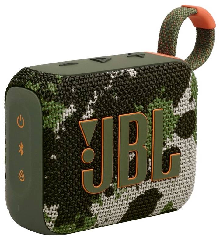 Enceinte portable compacte avec design de camouflage et logo 'JBL', dotée de boutons de commande et d'une boucle en tissu pour un transport facile.