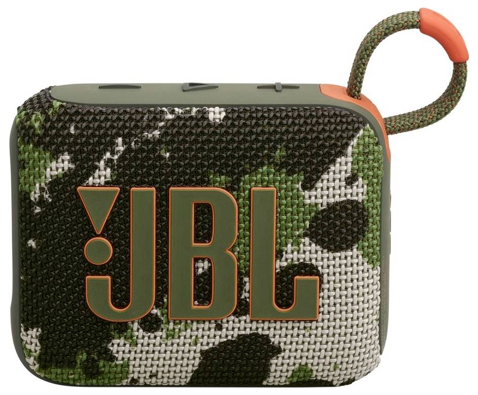 Enceinte portable JBL avec design camouflage, équipée d'une boucle intégrée pour suspension.