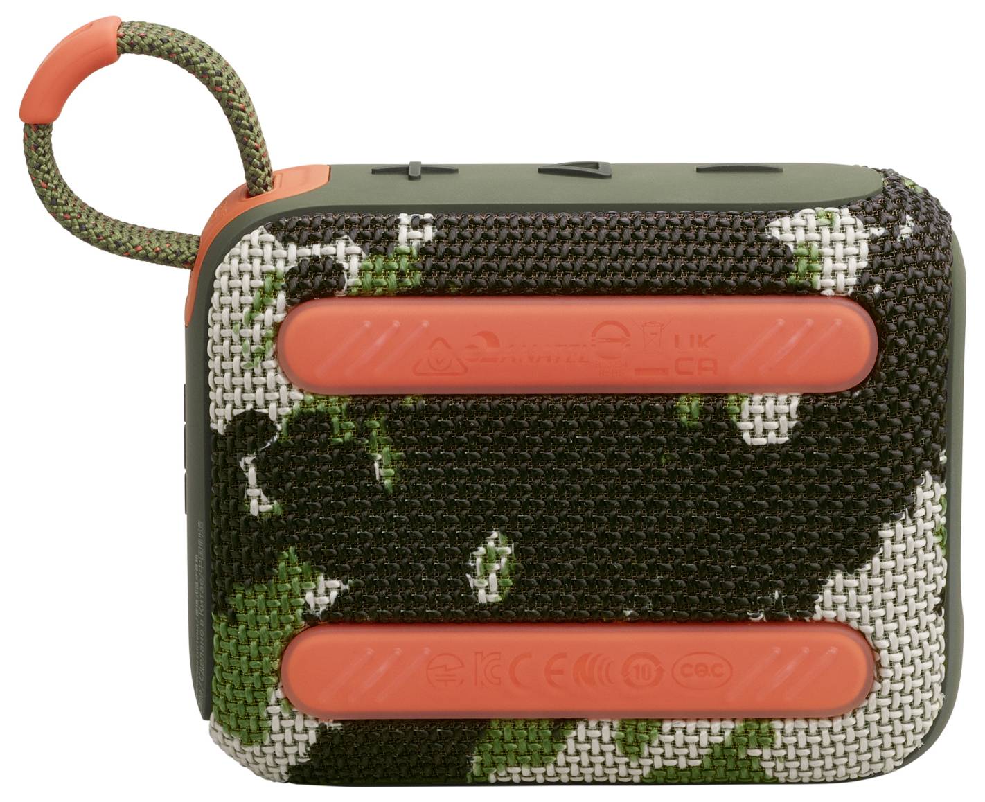 Enceinte Bluetooth portable avec motif de camouflage et accents orange.