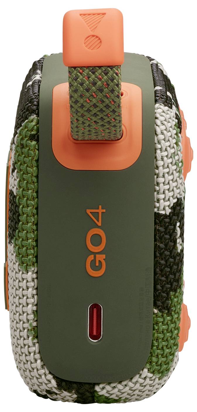 Enceinte portable avec tissu camouflage, touches orange et une boucle de transport. 'GO4' est imprimé sur le côté.