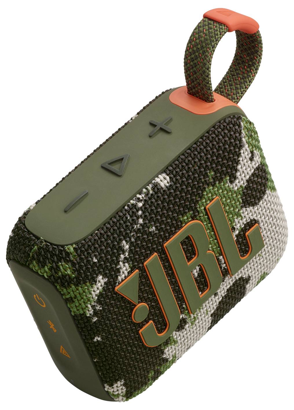 Un haut-parleur portable JBL au motif camouflage, équipé d'une boucle orange et de boutons de commande sur le dessus, conçu pour une utilisation en extérieur.