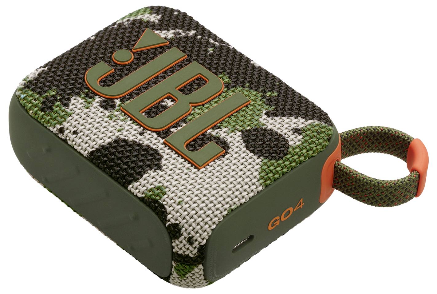 Un haut-parleur Bluetooth portable avec un design camouflage et le logo 'JBL'. Une boucle est attachée pour faciliter le transport.