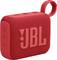 Un haut-parleur Bluetooth portable JBL rouge avec une texture tissée, des boutons de commande sur le dessus, et une boucle de transport.