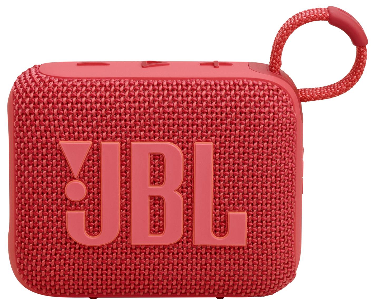 Un petit haut-parleur portable JBL rouge avec une texture tissée et une boucle de transport.