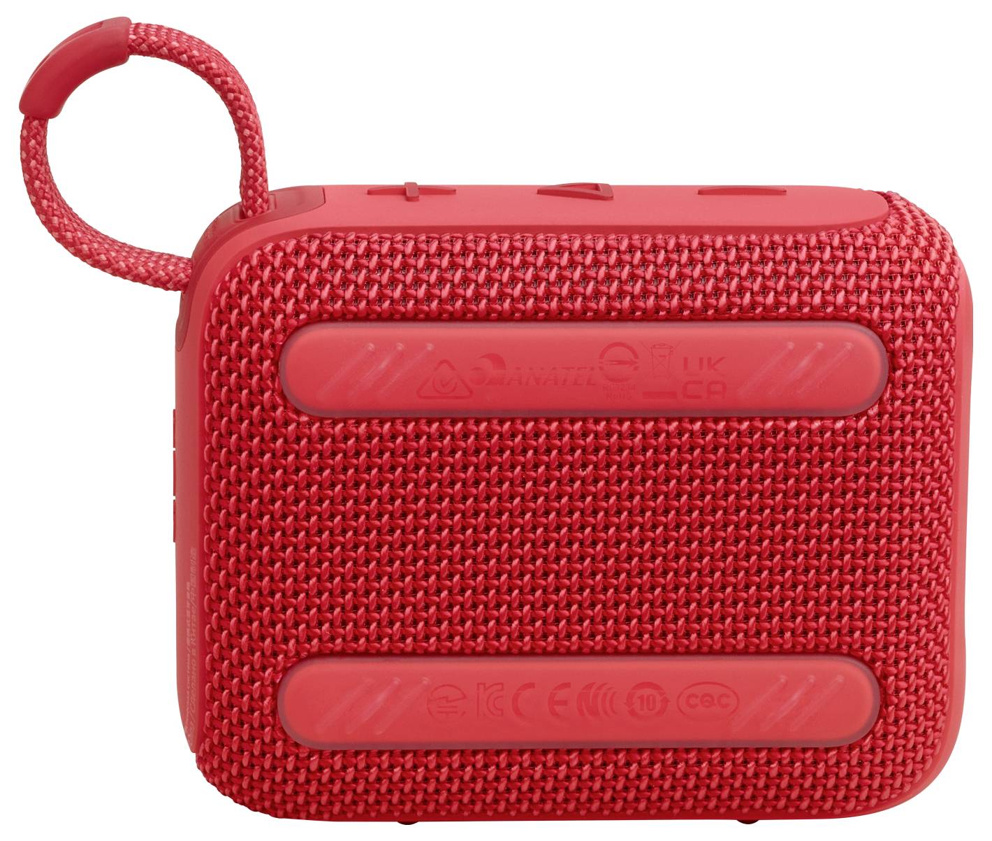 Un petit haut-parleur portable rouge avec une surface texturée, une poignée en boucle et des boutons de commande visibles sur le dessus.