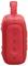 Un haut-parleur Bluetooth portable rouge avec des boutons de mise en marche, de connexion Bluetooth et des symboles d'avertissement sur le côté. Présente un extérieur texturé et tressé.