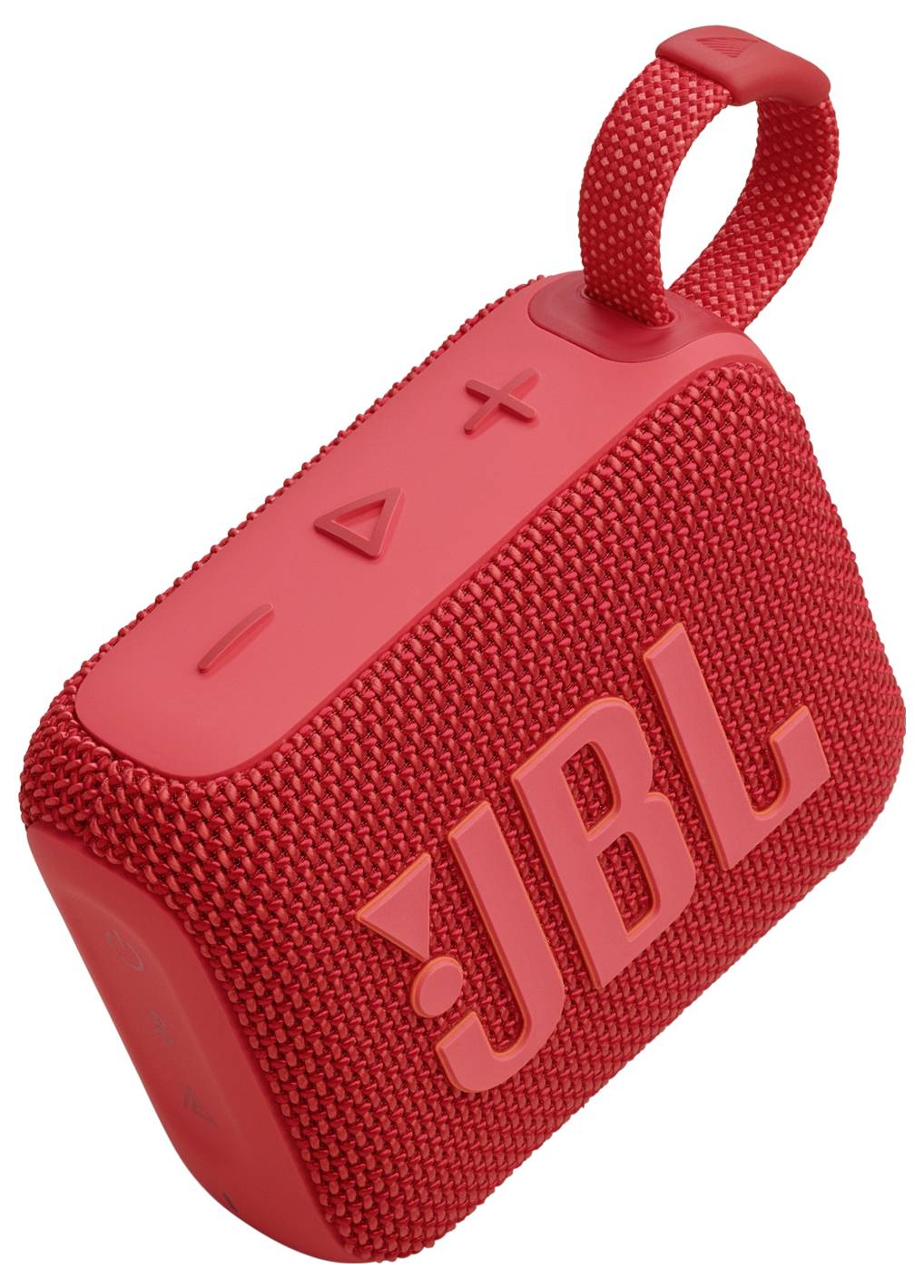 Enceinte portable rouge avec texture en tissu, montrant le logo de la marque et les boutons de commande sur le dessus.