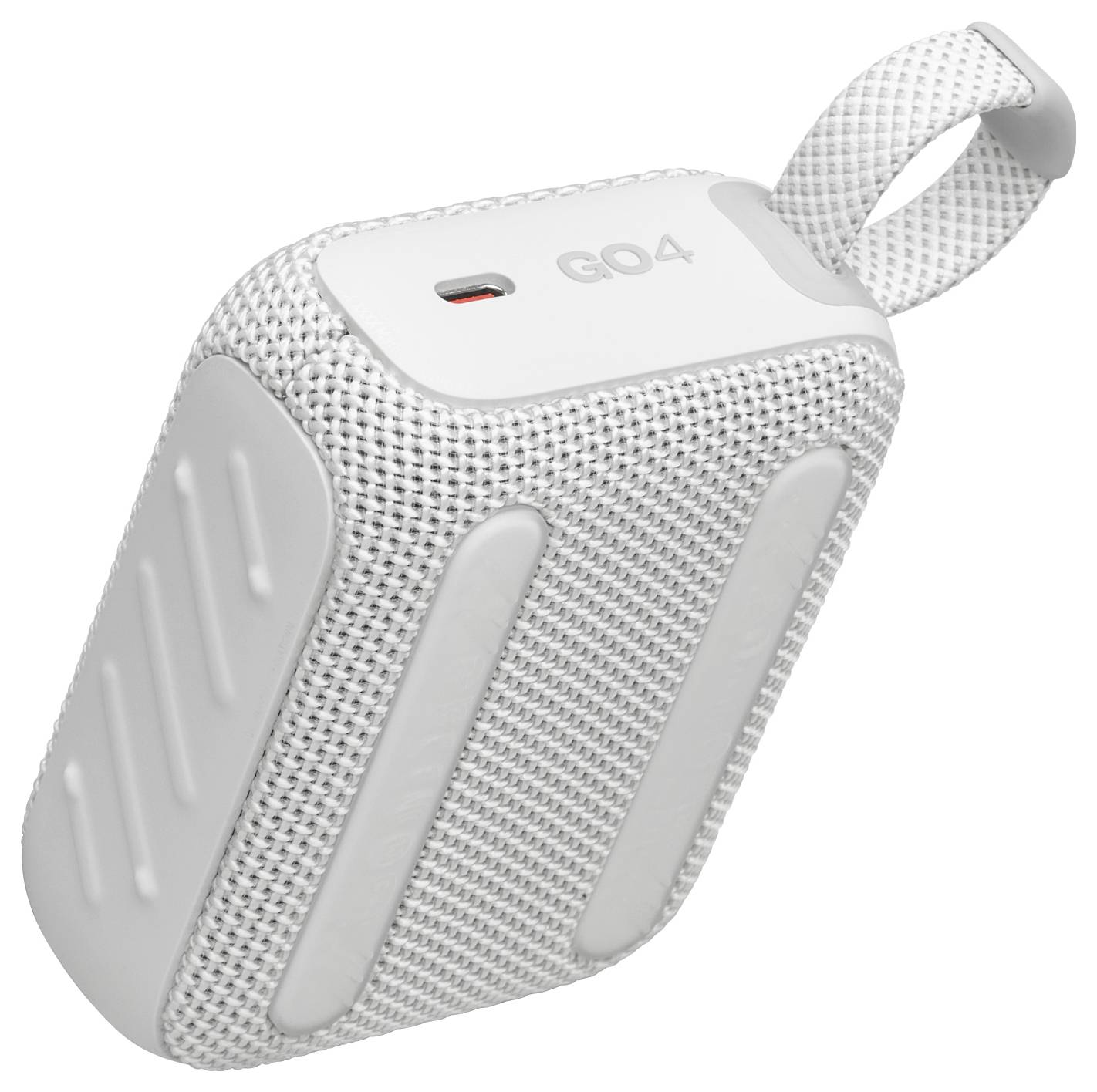 « Un petit haut-parleur Bluetooth portable blanc avec un design en maille et une lanière de transport. »