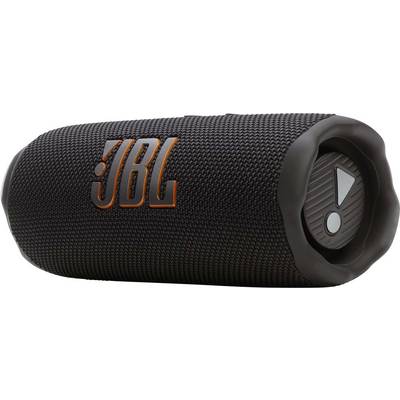 Un haut-parleur portable recouvert de tissu noir avec un logo 'JBL' orange. L'extrémité comporte un panneau de boutons en caoutchouc avec une icône triangulaire de lecture/pause.