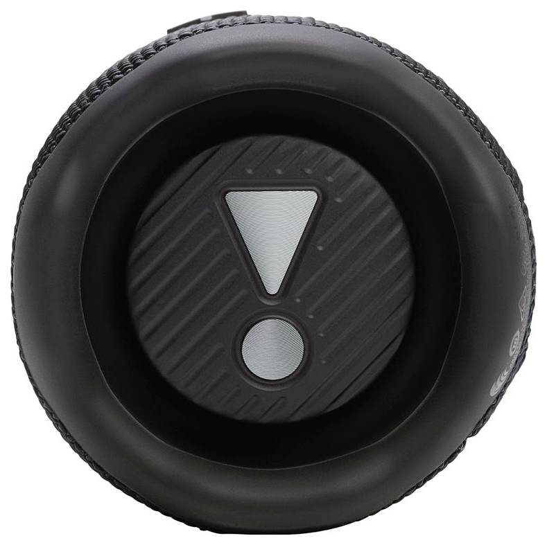 Un bouton rond noir avec un point d'exclamation blanc au centre, entouré d'une prise texturée.