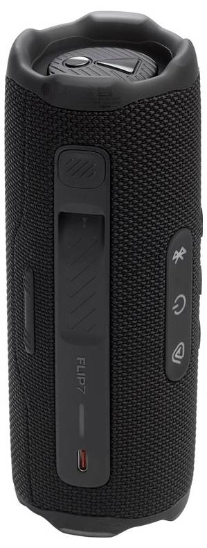 Un haut-parleur Bluetooth portable noir avec des boutons de commande sur le côté et un extérieur texturé.
