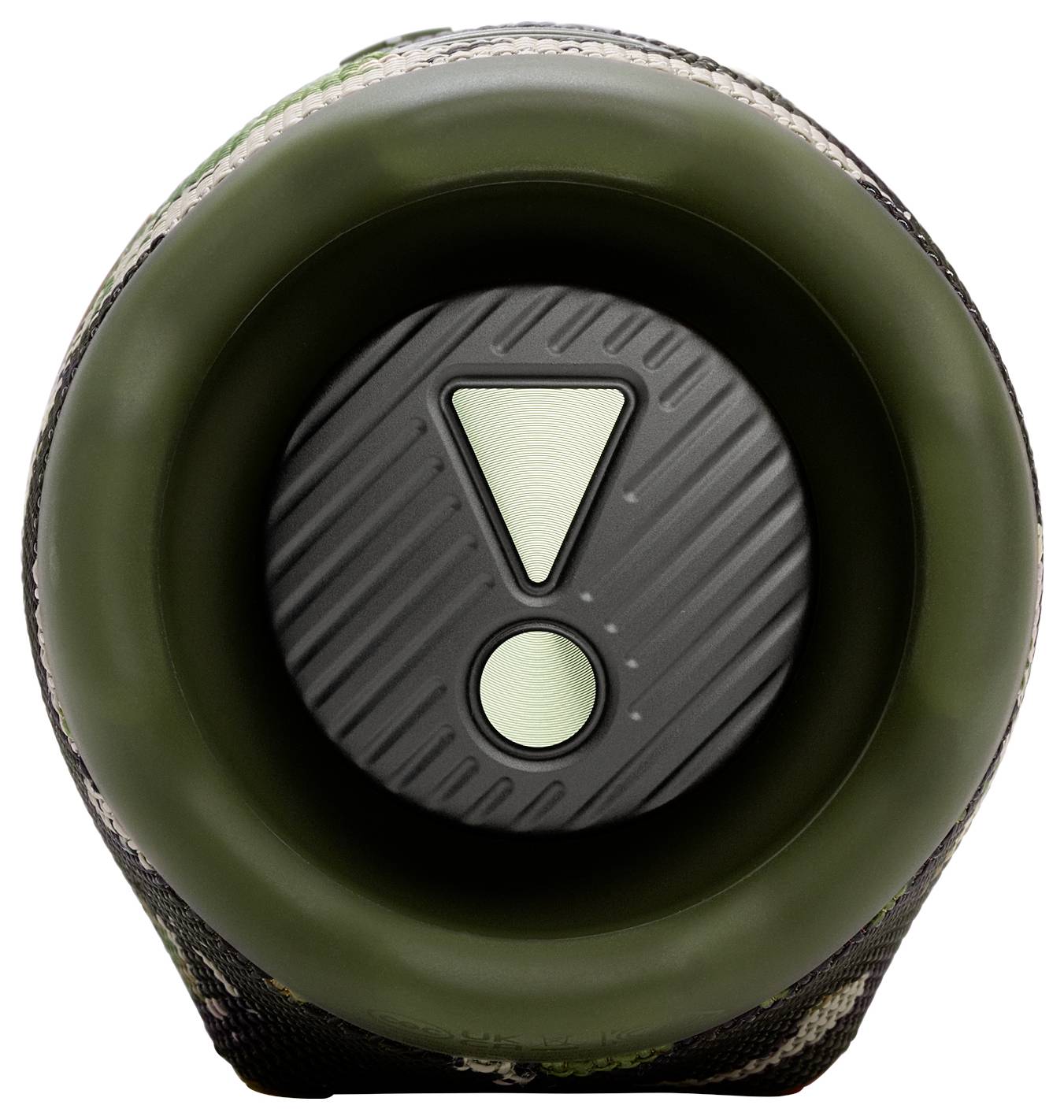 Un objet en caoutchouc vert et noir avec un bouton central présentant un point d'exclamation et un point, probablement un dispositif interactif ou de contrôle.