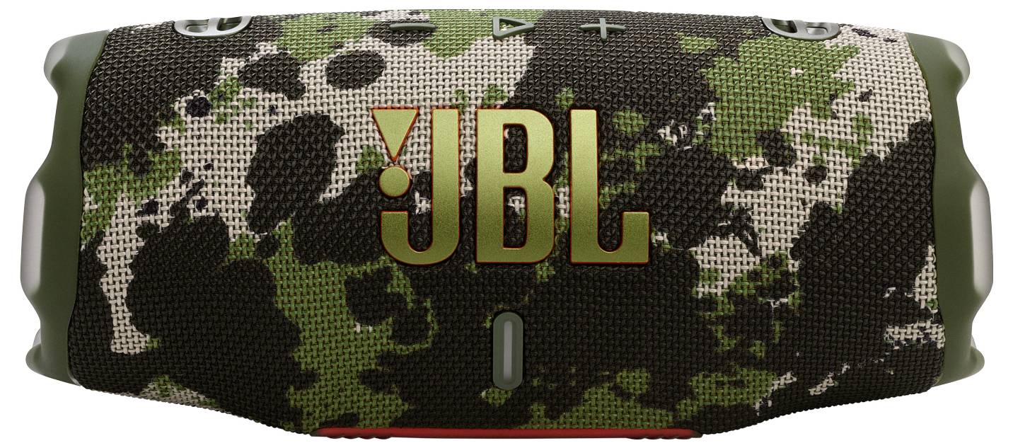 Un haut-parleur portable avec un motif camouflage, arborant le logo 'JBL' en jaune vif sur l'avant.