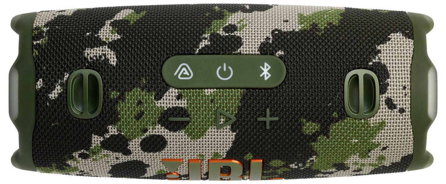 Enceinte portable à motif de camouflage avec boutons de commande pour la mise en marche, Bluetooth, lecture et volume.