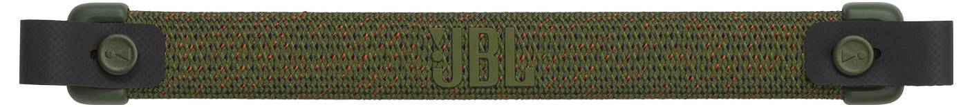 Une sangle tissée verte avec des clips d'extrémité noirs, portant le texte 'JBL' embossé au centre.