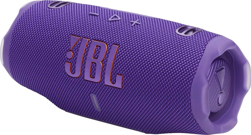 Enceinte portable JBL de couleur violette, de forme cylindrique, présentant une surface texturée et un logo de marque embossé en orange.