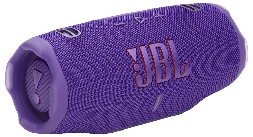 Un haut-parleur portable violet avec des commandes en relief et le logo « JBL » en rouge, conçu pour diffuser de l'audio sans fil.
