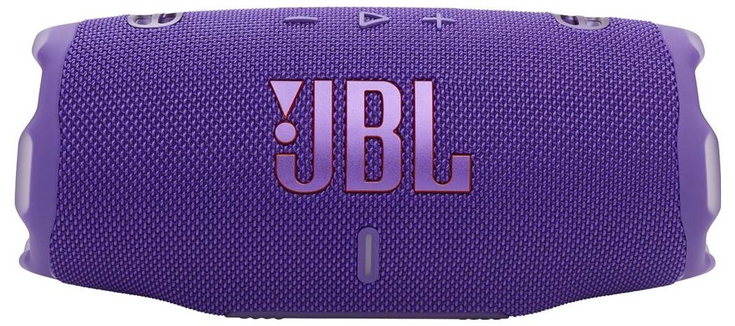 Un haut-parleur portable violet portant le logo 'JBL', doté de boutons de contrôle pour la mise en marche, la lecture et le volume sur sa surface supérieure.