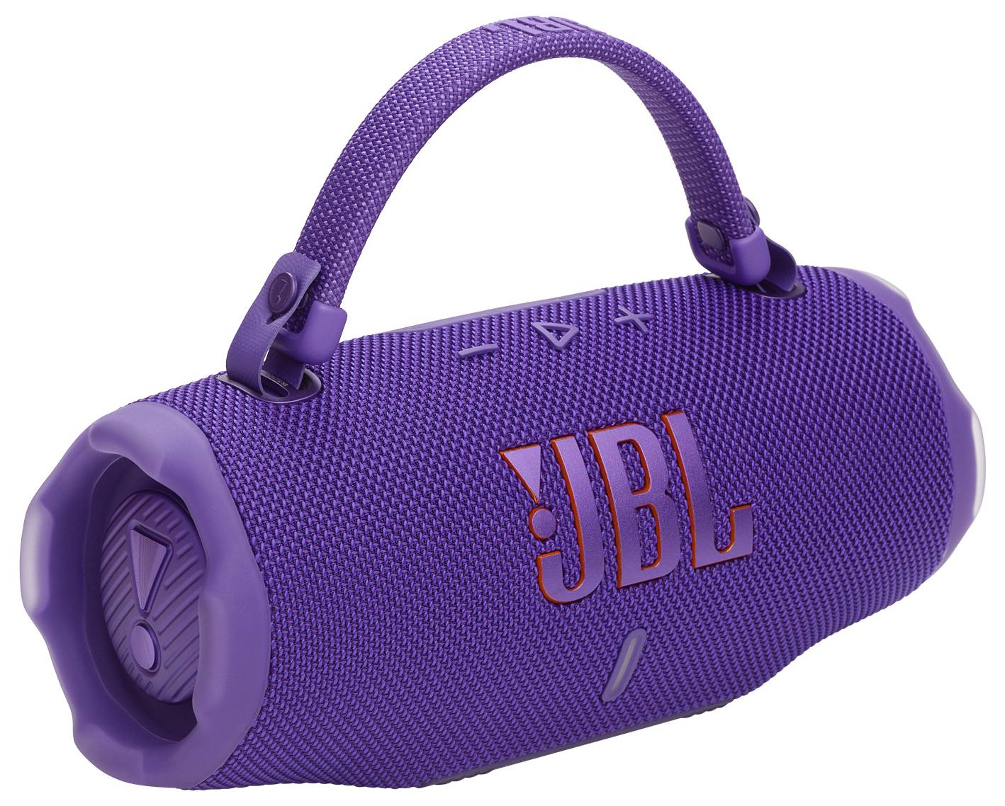Un haut-parleur Bluetooth portable JBL violet avec une poignée, doté de boutons de commande sur le dessus et du logo JBL en rouge sur le côté.