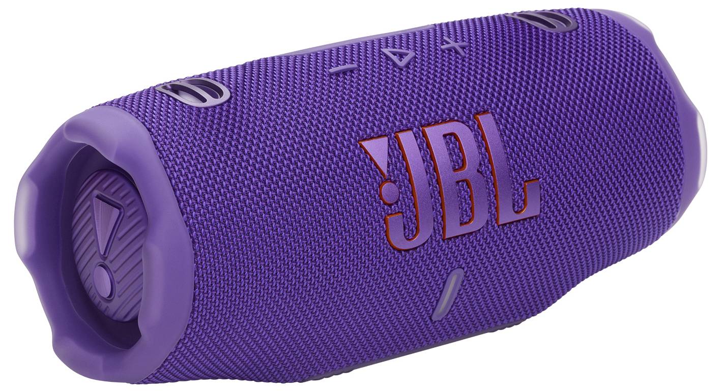 Un haut-parleur Bluetooth cylindrique violet avec le logo 'JBL' imprimé en orange sur le côté.